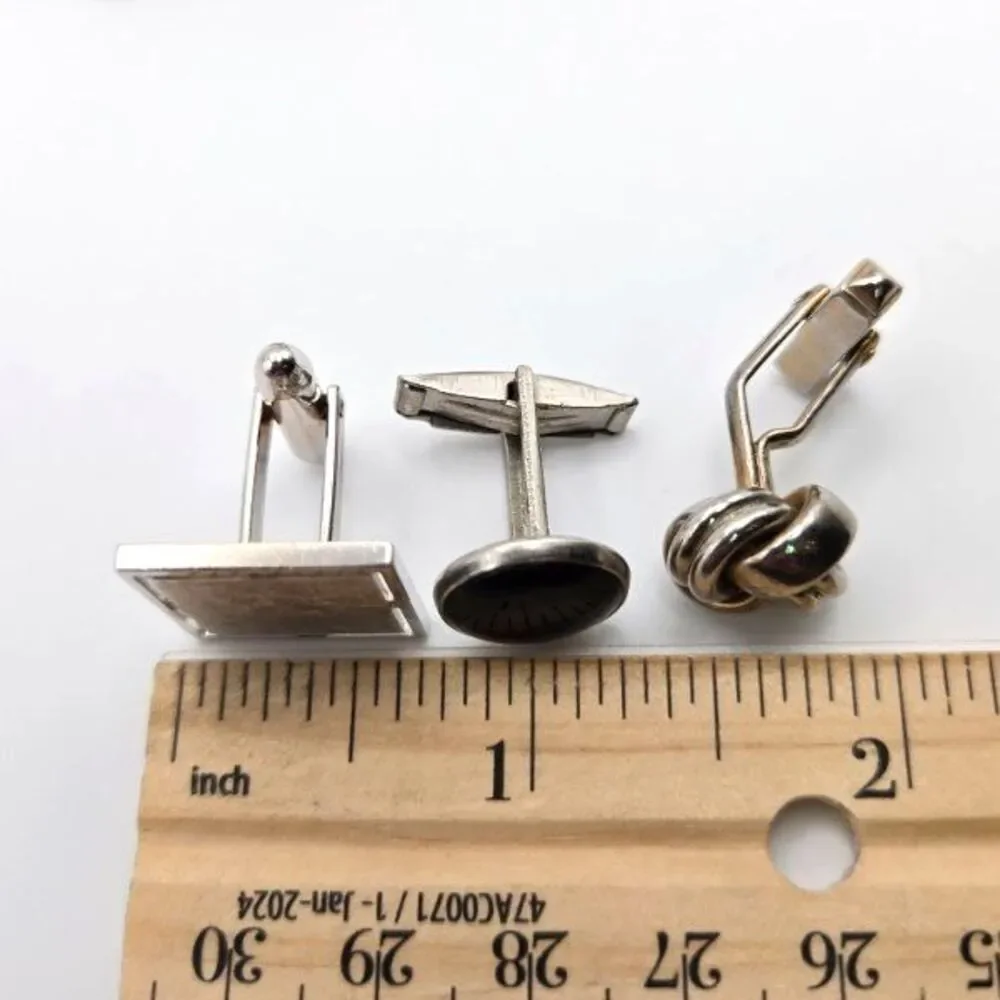 Lot of 3 Pair of Vintage Men's Cuff Links Silvertone Knot Brushed Geometric Onyx